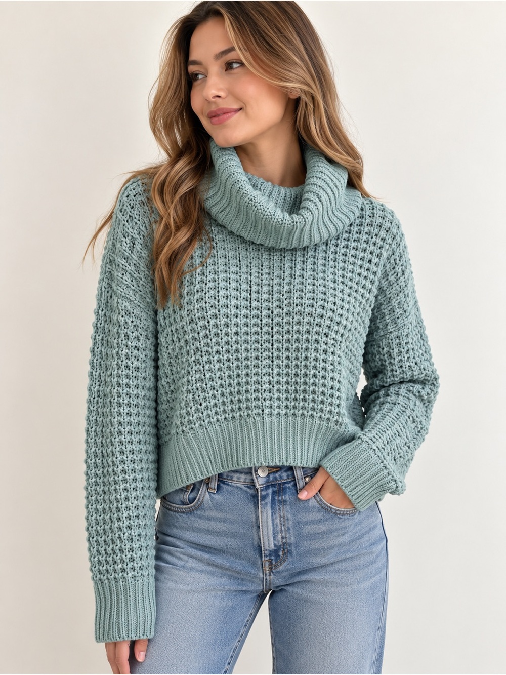 Garage Sage Green Chunky Cowl Neck Sweater